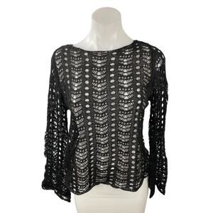 Daisy Street Women's Black Open Knit Crochet Long Sleeve Sweater Blouse Top Sz M